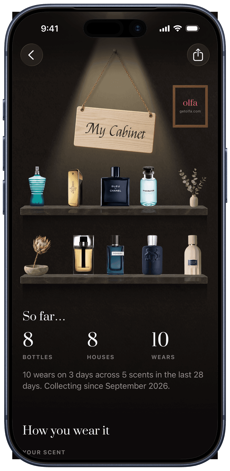 An Olfa Cabinet: eight bottles on two shelves under a My Cabinet sign