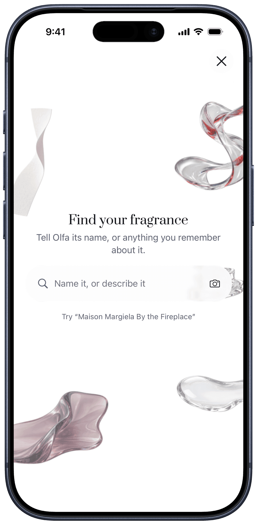 Olfa's find screen: name it, describe it, or read the label from a photo